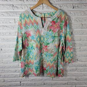 Alfred Dunner Womens Top 22W Plus Swiss Dot Pink Ric Rac Cut Outs FLO37XE